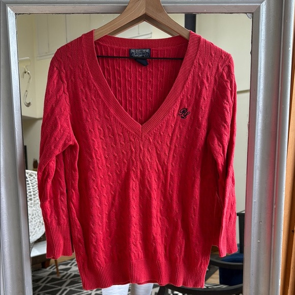 Ralph Lauren Cable Knit Red V-Neck Sweater Women's Size Large 90's Cotton - Picture 1 of 5